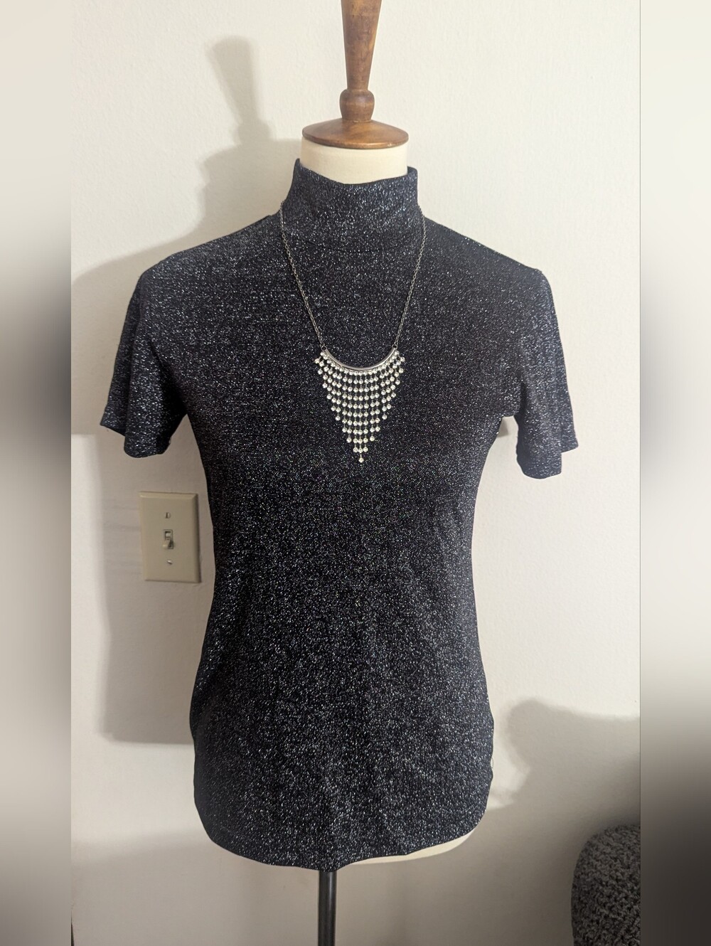 Vintage Tommy Hilfiger Black Silver Metallic Sparkle Mock Neck Top Y2K 90s S